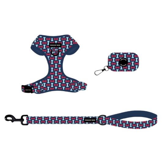 'Navy & Bone' Harness, Leash & Poo Bag Set